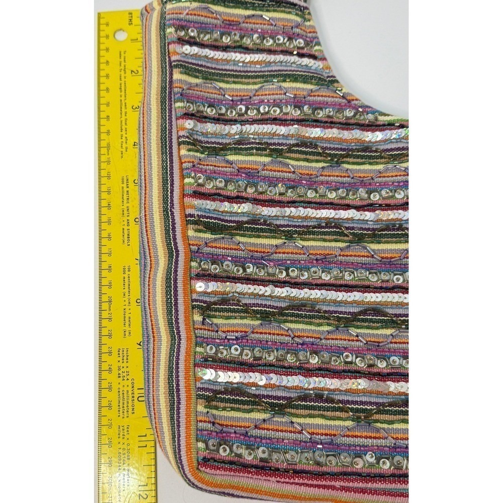 Boho Multicolor Woven Tote Bag Sequin Stripe Shoulder Purse Rainbow - Picture 6 of 9